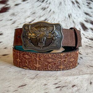NEW Girls Copper Lace Sequin Western Belt + Steer Head Buckle (Medium)